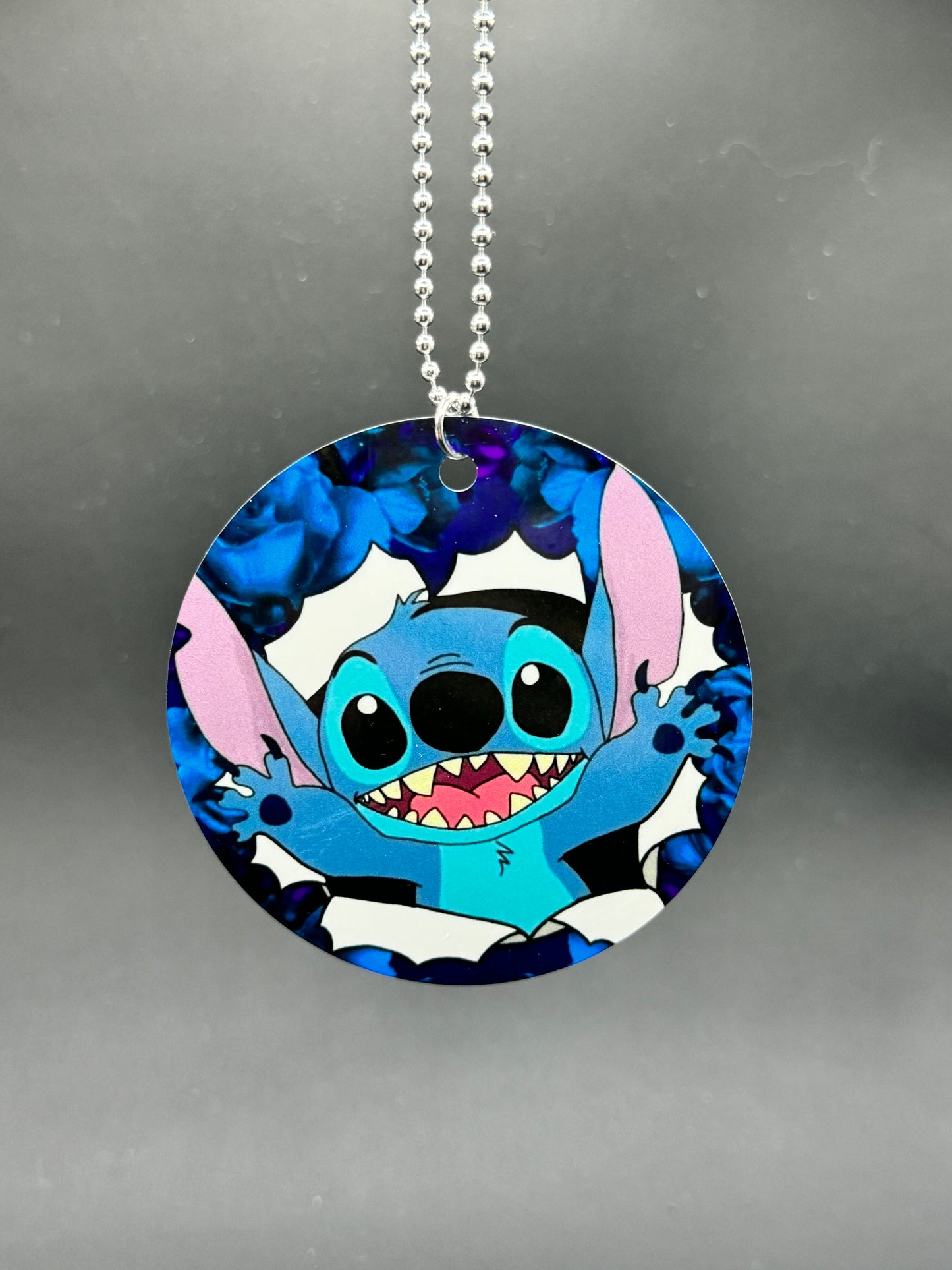 Stitch tearing through flowers, rear view mirror charm, car accessory