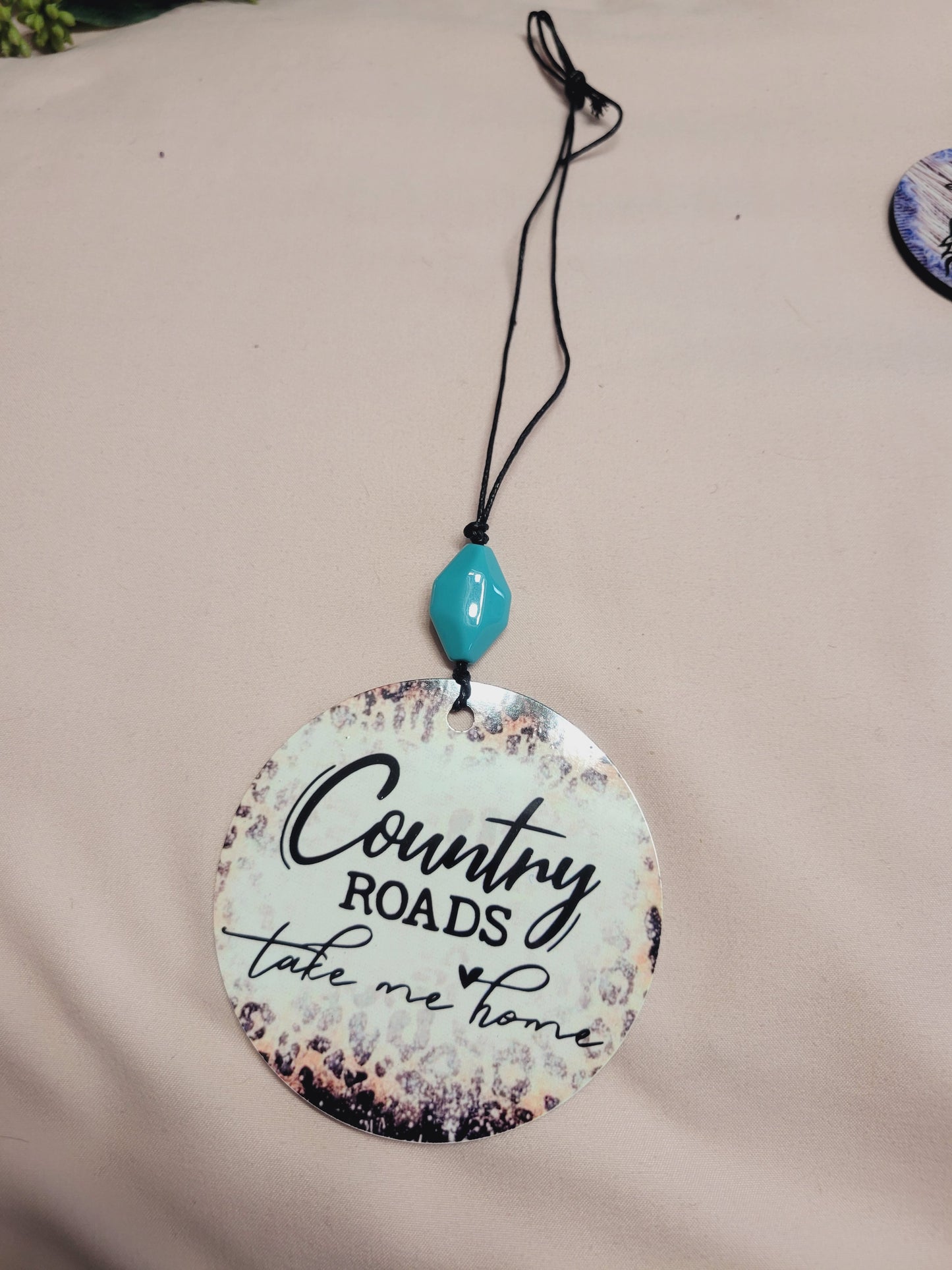 Country Road Take Me Home Cheetah, bleached cow skull rear view mirror charm, car accessory