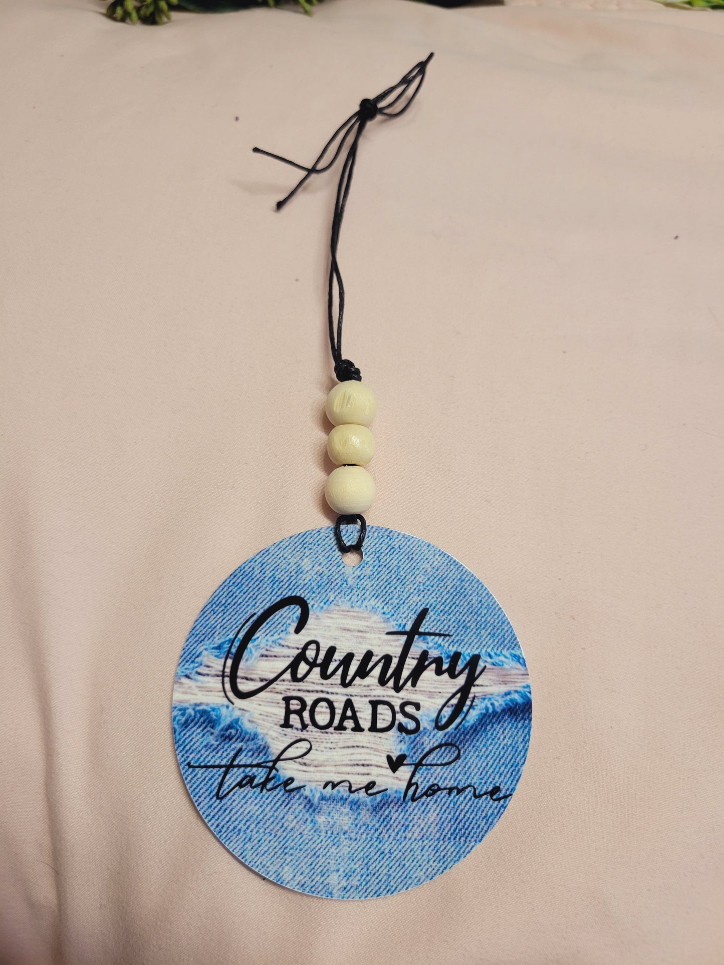 Country Roads, blue jean, cow rear view mirror charm, car accessory
