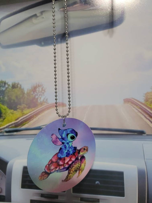 Stitch riding turtle, rear view mirror charm, car accessory