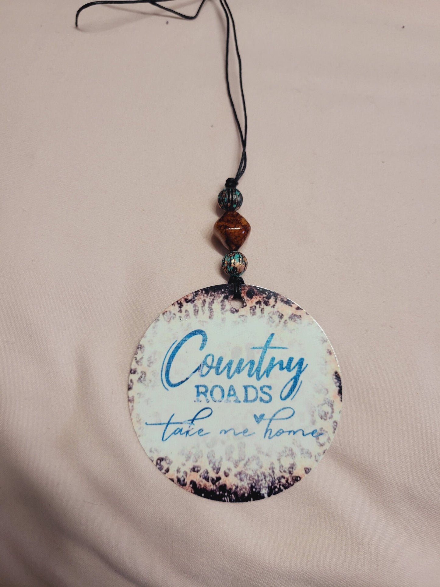 Country Road Take Me Home Cheetah, bleached cow rear view mirror charm, car accessory