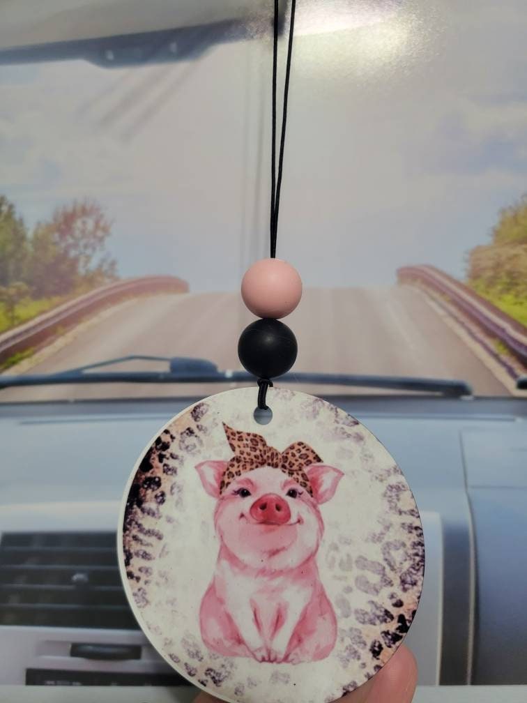 Cute piggie went to the market, rear view mirror charm, car accessory