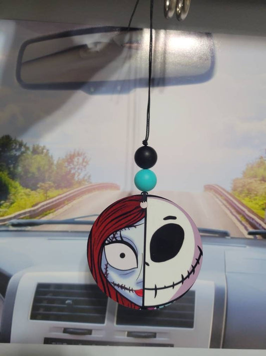 Split face Jack and Sally, rear view mirror charm, car accessory